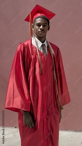 Graduate posing outdoors in red graduation gown and cap, celebrating achievement in a formal graduation ceremony setting with sunny weather.