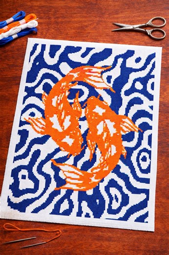 Koi Fish Cross Stitch Pattern – Japanese Wave Embroidery Art (PDF Pattern) - Etsy