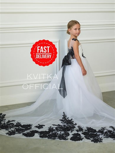 Black Tulle Flower Girl Dress With Detachable Train - Etsy