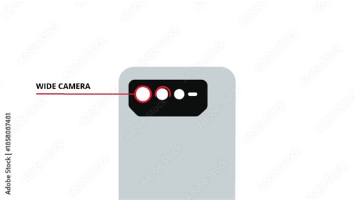 Animated smartphone camera diagram showing wide, ultrawide, and macro lenses with LED flash. High-quality tech infographic animation for gadget reviews, mobile specs, and photography blogs
