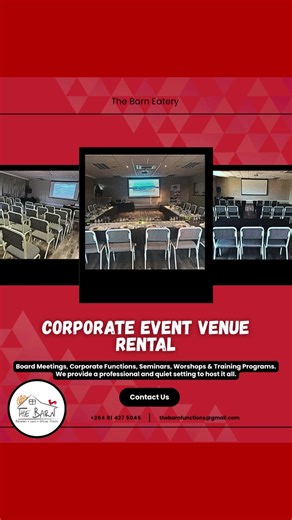 🏢 Corporate Event Venue Rental at The Barn Eatery! 📊✨ Board Meetings, Corporate Functions, Seminars, Workshops & Training Programs – we provide a professional and quiet setting to host it all. 📍 12 Acacia Street, Windhoek 📞 264 81 472 5054 ✉️ thebarnfunctions@gmail.com #CorporateVenue #TheBarnEatery #WindhoekEvents #BusinessMeetings #SeminarSpace #NamibiaFunctions #ProfessionalSetting #eventrental | The Barn