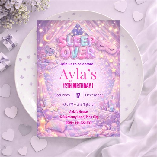 Sleepover Birthday Invitation, Girls Slumber Party Invite, Pastel Pajama Bash, Mobile Digital Evite, Editable Canva Template, 5x7 Printable - Etsy