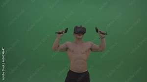 A bodybuilder in virtual reality (VR) featured in green screen stock footage for use with a green screen background