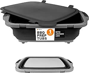 Drip EZ Collapsible BBQ Prep Tub - for Meal Prep Marinating Food Storage - Includes Cutting Board & Locking Lid - (1) JR - Black