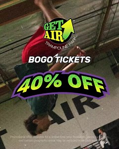 22 shares | Reason #723 to love GET AIR: we offer awesome discounts like this one. When you buy one ticket, you can get the second one for 40% off! Claim this limited-time offer online at getairsports.com/shop. | Get Air Sports | Facebook