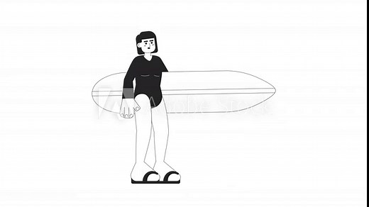 Surfer girl holding surfboard bw 2D character animation. Surf board female athlete outline cartoon 4K video, alpha channel. Surfer wetsuit woman standing animated person isolated on white background