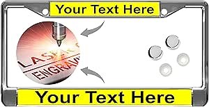 Custom Personalized Chrome-Plated Metal Laser Engraved Standard Size - Car/Automobile License Plate Frame with Free caps - Yellow/Black Text (Qty: 1 Frame)