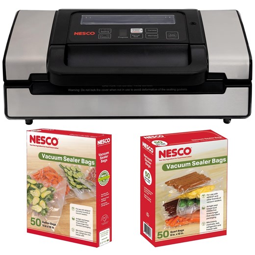 NESCO® VS-12 Deluxe Vacuum Sealer & 100 Pre-Cut Bags Bundle, Heavy-Duty Food Sealer Kit with 50 Quart 50 Gallon Bags for Meat Storage, Meal Prep & Sous Vide
