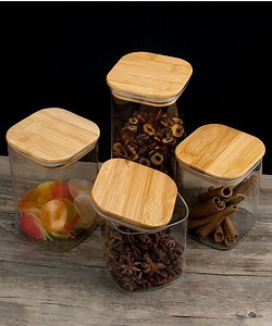 [Hot Item] Four Size Square Rectangular Shape Boroilicate Glass Storage Container Jar with Bamboo Lid