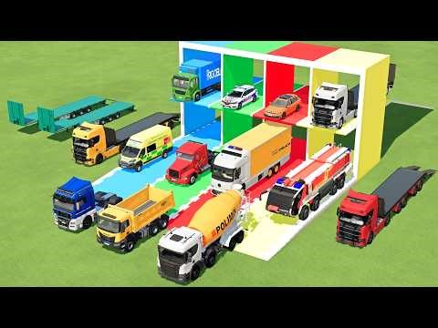 TRANSPORTING FIRE TRUCK, POLICE CARS, DUMP TRUCK, BOX TRUCK, SCANIA BUS , MAN TRUCK - FS22