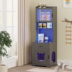 Hidden Cat Litter Box Enclosure: LED Wooden Cat Washroom Furniture with Large Storage - Cat Litter Cabinet Pet House for Living Room/Bedroom Grey