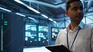 Software developer walking in data center, managing and maintaining databases, ensuring data integrity and security. Close up of man updating server room mainframe systems using tablet, camera B