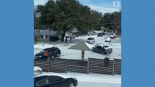 Cars slide down icy hill in Texas
