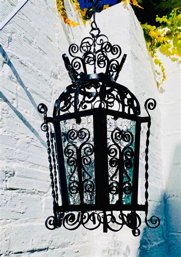 Authentic Spanish Wrought Iron Lantern – Hand-forged Black Iron With Textured Glass, Vintage Andalusian Hanging Light - Etsy