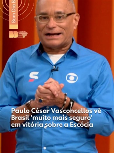 Em alta - Paulo César Vasconcellos falou no Bom Dia Brasil sobre a atuação da Seleção Brasileira na vitória sobre a Escócia por 3 a 0 na noite desta quarta-feira (24). O Brasil venceu com dois gols de Vinícius Jr. e um de Matheus Cunha, e confirmou a primeira colocação do Grupo C com 7 pontos, superando Marrocos nos critérios de desempate. Agora, espera o segundo colocado do Grupo F na próxima fase - um entre Holanda, Japão e Suécia. Para o comentarista, a Seleção termina a fase de grupos em alt