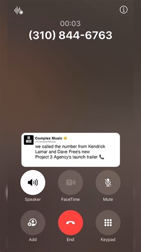 Complex Music on Instagram: "Kendrick Lamar and Dave Free’s pgLang just launched a new global creative agency, Project 3. In the launch trailer, a phone number with an LA area code appeared—so we gave it a ring. 🤔"