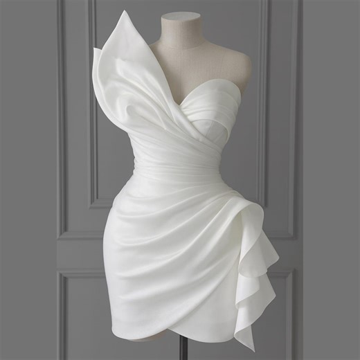 White Satin Silk Asymmetric Cocktail Mini Dress, Bridal Reception Ruffle Sculpted Couture, Modern Wedding Outfit , After Party Bridal Corset - Etsy UK