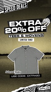 Volcom Speed Deals 🚨 Get An EXTRA 20% OFF Sale Tees & Shirts 4 Days Only! USE CODE: Extra20 Selected Styles - Online Only - T&C's Onsite | Volcom