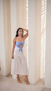 Camila Mendes in a blue and white polka dot outfit Rare Gallery wallpaper