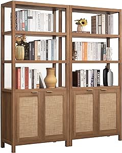 SICOTAS Bookshelf 5 Tier Book Shelf Rattan Boho 71" Tall Bookcase with Doors Storage Shelves Large Bookshelves Farmhouse Bookcases Library Book Case for Living Room Bedroom Home Office Kitchen