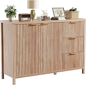 Fluted Sideboard Buffet Cabinet, 46.5" Modern Storage Cabinet with 2 Doors & 3 Drawers, Sideboard Console Table for Entryway,Living Room,Kitchen,Dinning Room-Natural Oak
