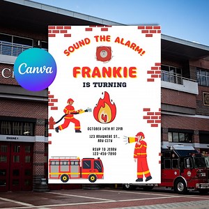 Firefighter-themed Birthday Invitation | Fire Truck Design | Editable and Printable | Kids' Fireman Party Invite | Canva Template - Etsy