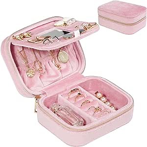 ProCase Plush Velvet Jewelry Boxes, Compact Travel Jewelry Organizer Small Jewellery Box for Women, Zippered Portable Jewelry Storage Case with Mirror for Traveling Daily Use -Pink