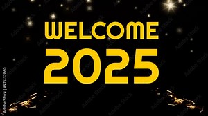 Welcome 2025. Number 2025 on a dark night background with a flashlight. Welcome 2025 with glitter gold text color.