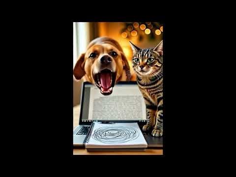 A cat typing on a laptop, dog watching attentively, home office, shallow depth of field