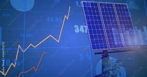 Solar panel being animated in 3D interface showing line graphs, bar charts, numeric percentages Stock Video