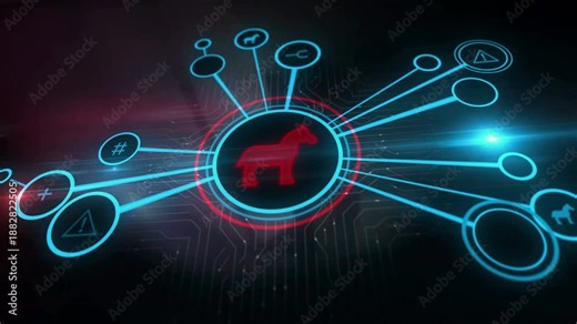 Trojan alert cyber attack and computer warning symbol digital concept. Cyber technology and computer network background abstract 3d animation.