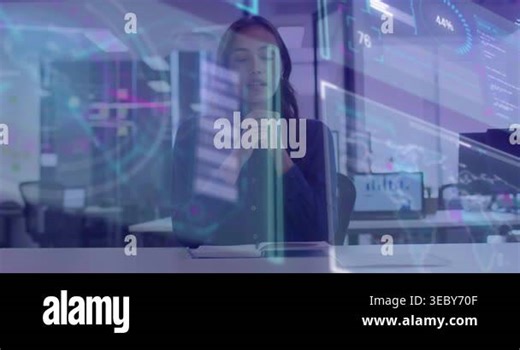 Woman gesturing at glass and activating holographic UI, updating tech charts for dashboard demo. Office, minimal, futuristic, digital, blue, neon, metrics Stock Video Footage - Alamy