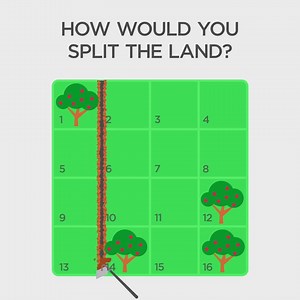 Can you divide the field in four parts equal in shape, each one containing a tree? 🌳 🤔 | Peak