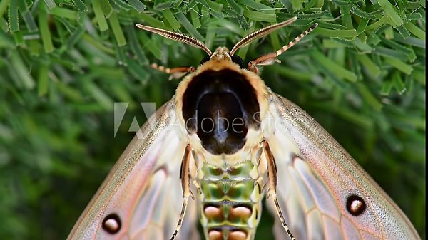 Stunning large moth with detailed wing patterns and eye-spots on vibrant green texture, macro close-up of beautiful insect