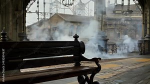 Abandoned train station interior with lighting and empty bench in winter