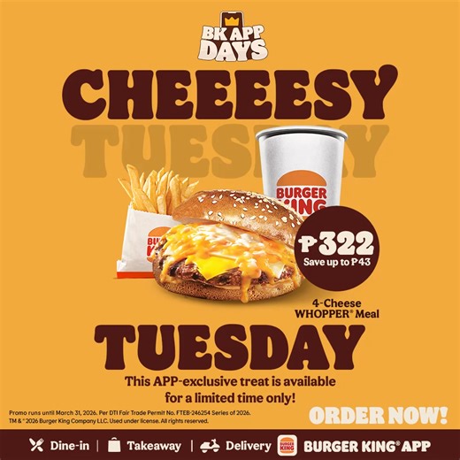 More cheeeese, please!🧀🍔 Get your 4-Cheese Whopper® Meal for only ₱322 and save up to ₱43 when you order via the BK App. Limited time only! | Burger King Philippines