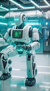 A robot in a futuristic lab, surrounded by glowing screens and gadgets, testing its strength by lifting heavy weights