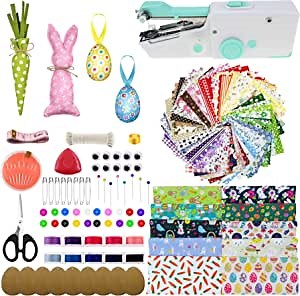 AOUXSEEM Portable Handheld Sewing Machine Kit, Include 70 Pcs Cotton Fabric Sheets for Easter Egg Rabbit Dolls Colored Flags Ornaments, Easy to Use for Beginners