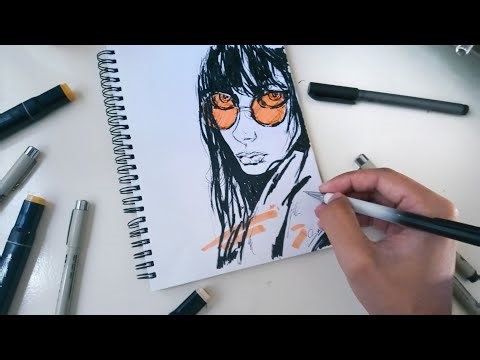 Ink sketch of a girl with orange glasses | marker sketch
