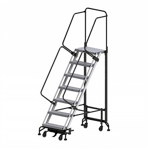 Ballymore Hybrid 7-Step Gray Steel All-Direction Rolling Safety Ladder with 24" Wide Aluminum Steps and 34" Wide Base HY-LA-073214P - 450 lb. Capacity