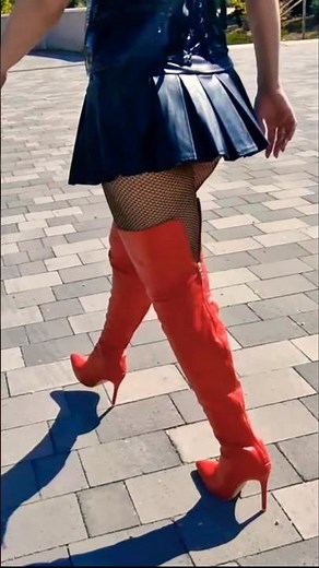 Victoria Devil 🖤 Lady Leather. Shiny Vinyl ❤️ Red OTK Boots. #shorts #leather #redboots #otk