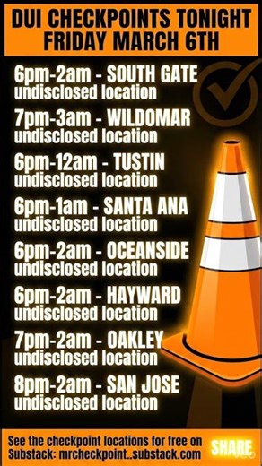 DUI Checkpoints Friday March 6th 2026