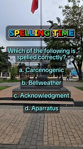Which of the following is spelled correctly? a. Carcenogenic b. Bellweather c. Acknowledgment d. Aparratus #spelling #English #LearnEnglish #quiz #englishvocabulary | Learn English
