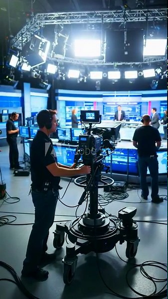 Vertical video of a professional cameraman filming in a modern television news studio. Behind the scenes of a live broadcast production with crew and equipment