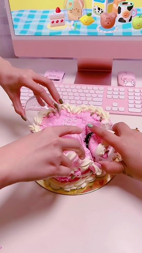 Birthday Cake Mukbang ASMR with Kate | Pink Kawaii Cake Eating