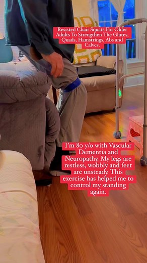 Chair squats is a at-home work out exercise for older adults that targets glutes & hip flexors and quadriceps and also involves abs and calves and hamstrings. Start with 3sets x5 then progress to 10-15. #physicaltherapy #strength #exercise #stability #balance #mobility #seniors #everyone #share #subscribe | Doc H.