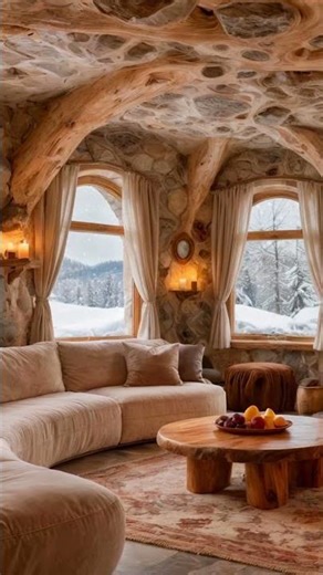 Unique Scandinavian Cave Lounge | Warm Fire & Snowy Winter View