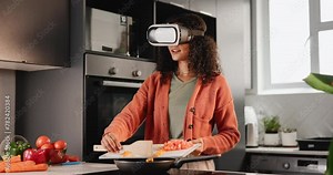 Girl, cooking and vegetables with VR headset in kitchen for healthy meal, nutrition or vitamins at home. Happy female person preparing food with pan in virtual reality or online simulation at house