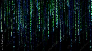 Hi-tech digital matrix code falling for hacker films, programming courses, and cybersecurity awareness campaigns. Seamless binary code rain loop in 4K resolution.