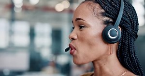 Black woman, call center and customer support, consulting and crm consultant happy while working in office. Customer service, woman and telemarketing, contact us and virtual help, service and advice